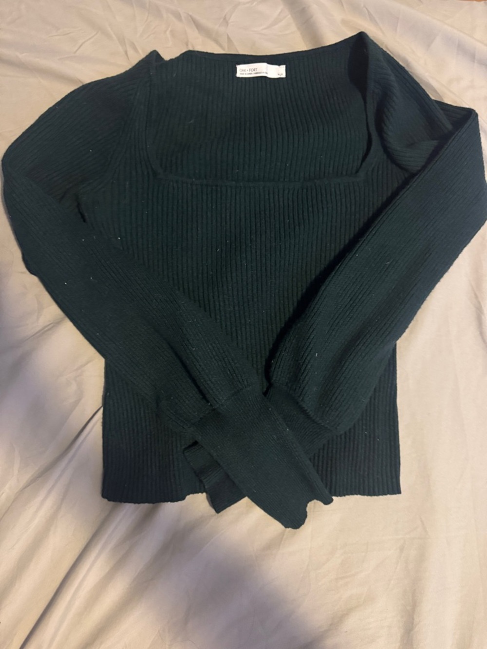 OAK + FORT Black Ribbed Square-Neck Sweater